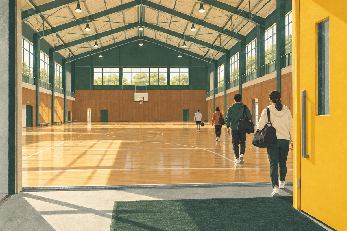 広い体育館へスポーツバッグを持って入る人々のイラスト